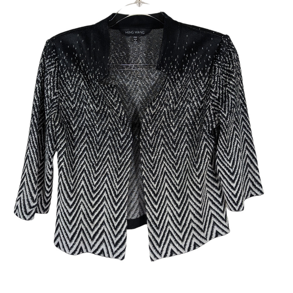 Ming Wang Jacket XS Petite Black White Gradient Woven 3/4 Sleeve Lightweight